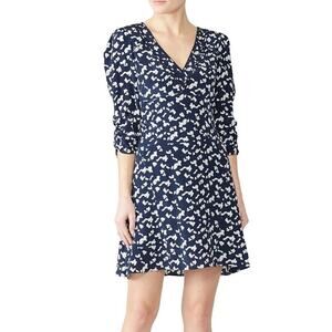 Tanya Taylor Dylan Dress 3/4 Sleeve V-Neck A-Line Mini 100% Silk Navy & White 6